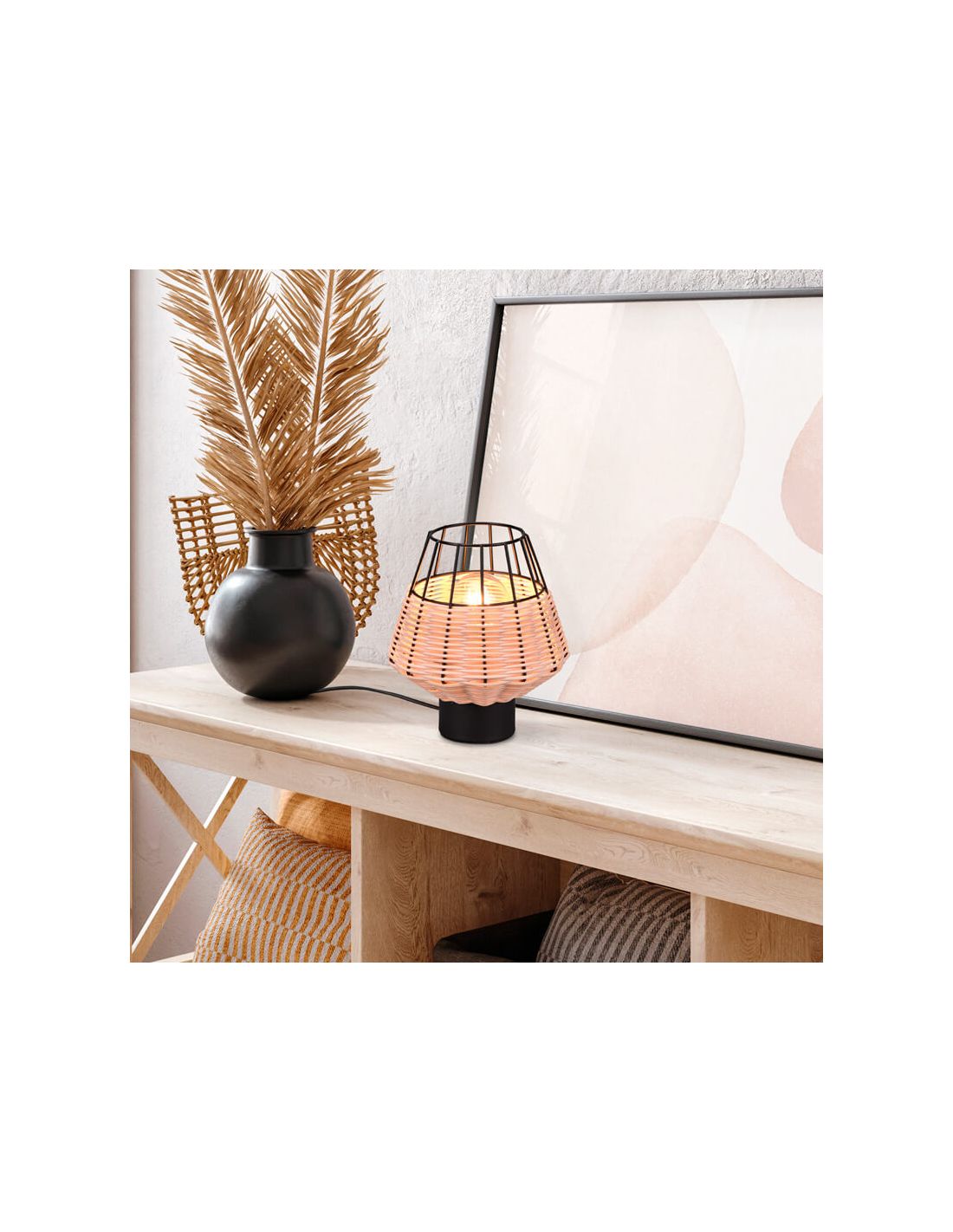 Candeeiro De Mesa LED BORKA Em Rattan Natural Ou Preto LeonLeds