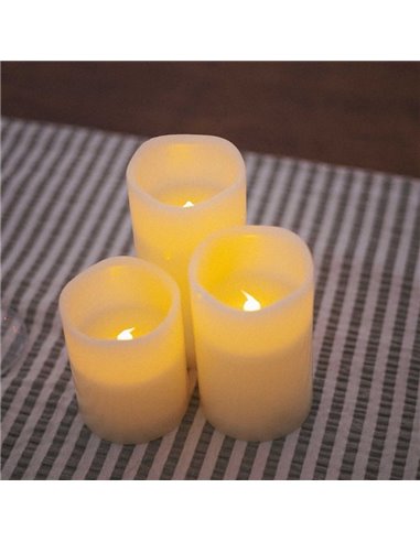 Pack de 3 bougies LED DOLO effet flamme, lumière chaude, à la cire naturelle, blanches, x2 piles - extérieur/intérieur