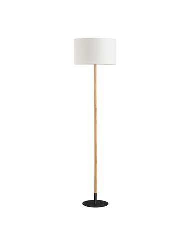 Lampadaire NOELIA avec corps en bois, abat-jour blanc et base noire, H: 160cm, 1xE27