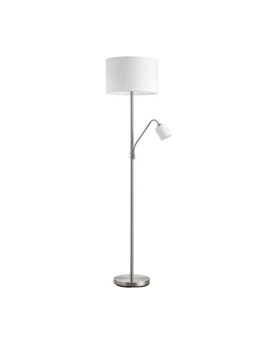 Lampadaire SAM avec abat-jour rond blanc, avec bras de lecture et mini abat-jour, E27+E14, chrome et noir