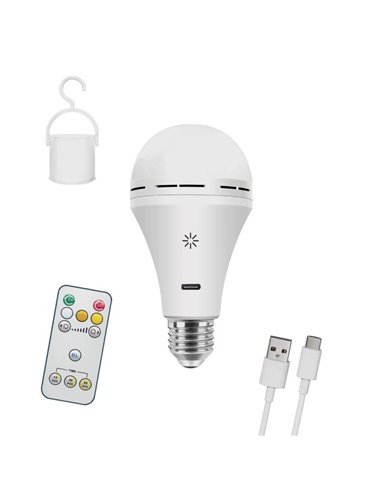 Lâmpada LED recarregável E27, 6W 500 Lm, CCT dim, controle remoto, temporizador e cabo USB-C