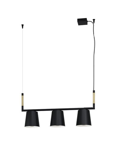 Lampe à suspension LACEY avec 3 abat-jours noirs et détails en bois, 3xE27