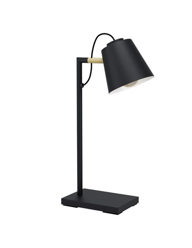 Lampe de table LACEY avec abat-jour noir et détails en bois, E27