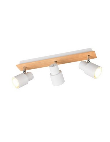 Regleta de 3 focos de techo orientables PIERRE detalle madera y bombilla excl. 3x GU10 max. 10W IP20 Blanco