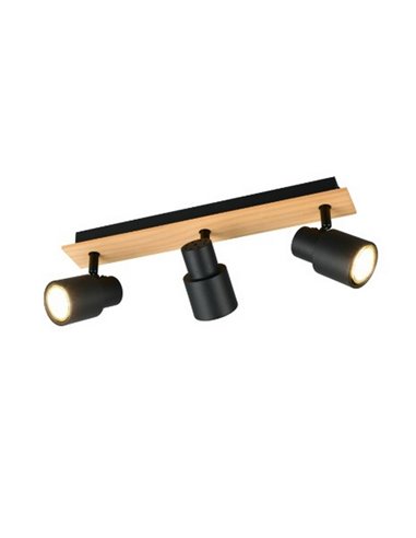 Barrette de 3 spots de plafond PIERRE orientables avec détail bois et ampoule excl. 3x GU10 max. 10W IP20 Noir