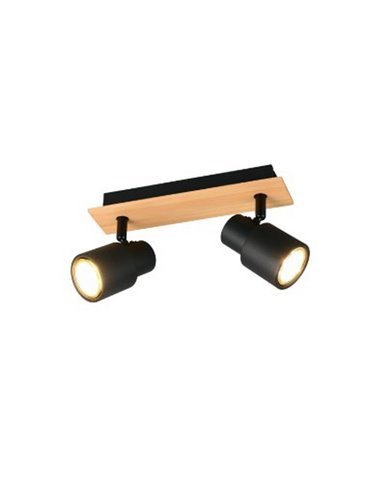 Barrette de 2 spots de plafond PIERRE orientables avec détail bois et ampoule excl. 2x GU10 max. 10W IP20 Noir