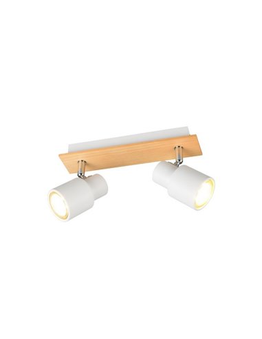 Barrette de 2 spots de plafond orientables PIERRE avec détail bois et ampoule excl. 2x GU10 max. 10W IP20 Blanc