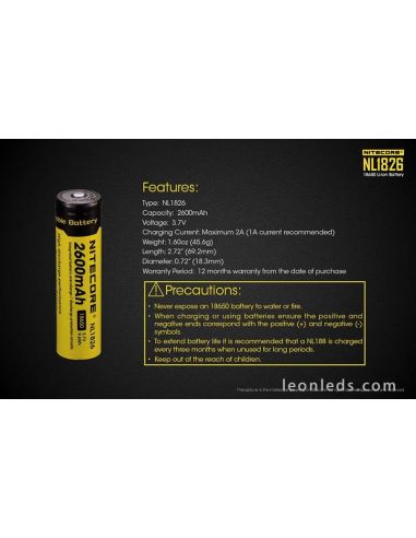 Batterie Nitecore RECHARGEABLE 18650 NL1826 2600mAh 3.7V protégée Li-ion