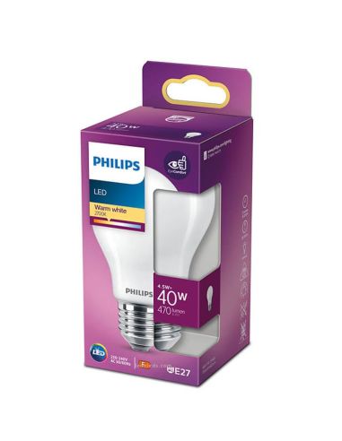 A60 Lâmpada LED 40W Equivalente - 4,5W Vidro Opaco LED Classic E27 Philips 3000K | leonleds