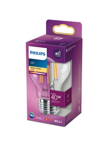 Lâmpada de filamento LED A60 equivalente a 40 W - luz quente clássica de 4,3 W 2700 K 8718699761998 Philips | leonleds