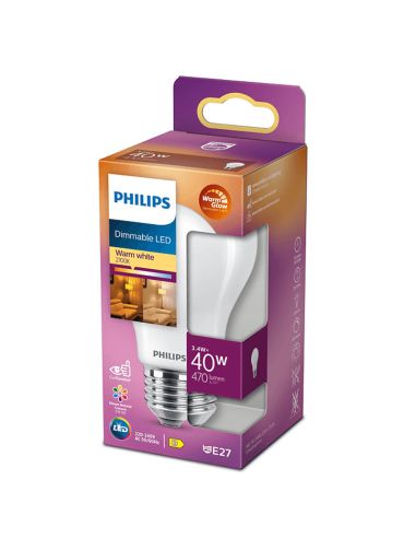 Lâmpada LED A60 Regulável Equivalente a 40W - LED de Vidro Opaco 3,4W Clássico E27 Regulável Philips | leonleds