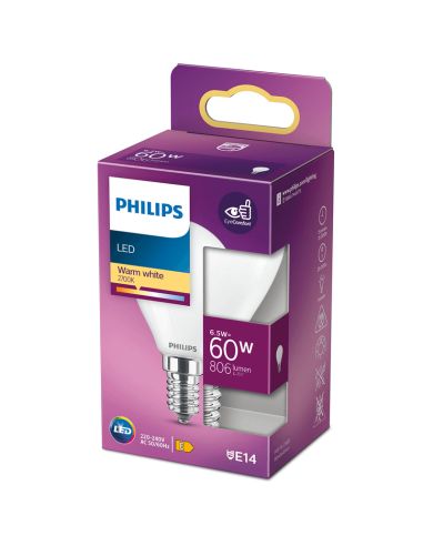 Ampoule sphérique E14 format P45 verre opaque LED 6,5W - 60W 8718699762292 Philips | leonleds