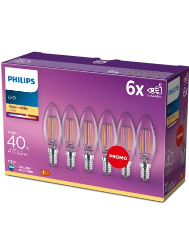 Ampoule LED E14 4,3W - 40W Bougie Filaments Pack 6 Unités 2 700K 8718696775035 Philips | leonleds