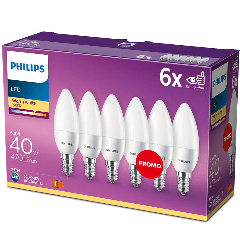 Bombilla E14 Led Vela Blanca 55w 40w 6 Unidades Philips