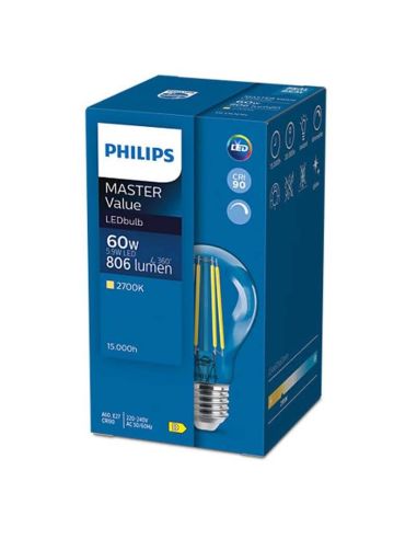 Ampoule à filament LED E27 à intensité variable A60 équivalent à 60W - 5,9W Master 8719514324077 | LéonLeds