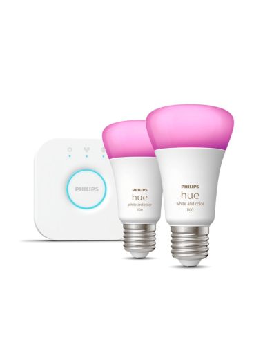 Starter kit 2 lâmpadas inteligentes E27 Branco e ambiente de cor + regulador