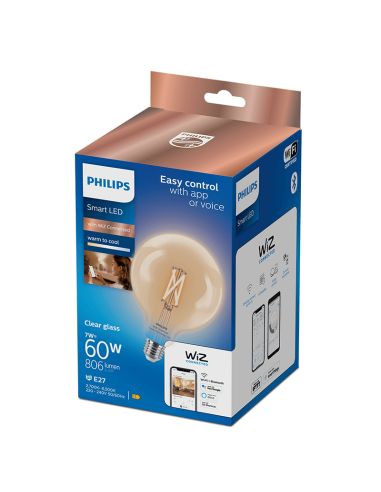 G125 Lâmpada Globo com Tonalidade Regulável 7W - 60W 2.700K - 6.500K Wiz Connect Clear Glass Philips | leonleds