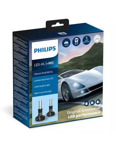 Ampoules LED H3 puissantes Ultinon PRO9100 5 800K 12V / 24V Pack 2 Und. + 350 % de lumière en plus Philips | leonleds