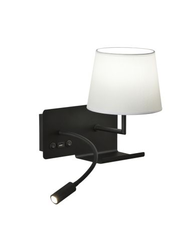 Applique tête de lit Noire abat jour blanc ou abat jour noir avec une  tablette pour le téléphone et une prise Usb Hold ACB - Luminaires Privés