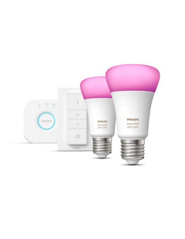 Kit de inicio 2 bombillas inteligentes E27 (1100lm) + regulador de intensidad y color Philips Hue kit completo