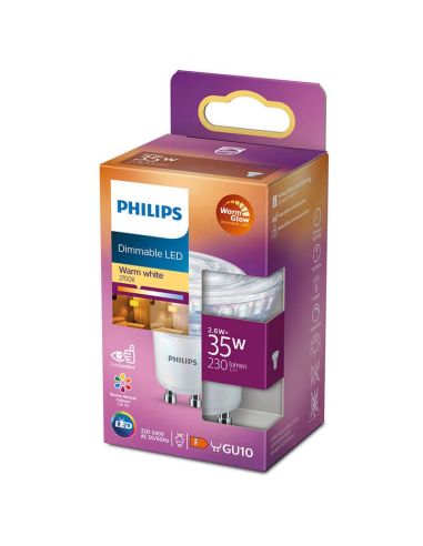 Ampoule LED GU10 Dimmable 2.6W - 35W CRI90 36º Dimmable WarmGlow 2,200K-2,700K Philips | leonleds