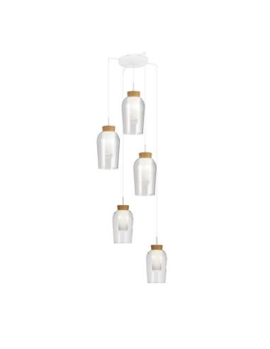 Lámpara de Techo Colgante de cristal Nora 5 Luces E27 base redonda Ø 63cm - blanco/madera