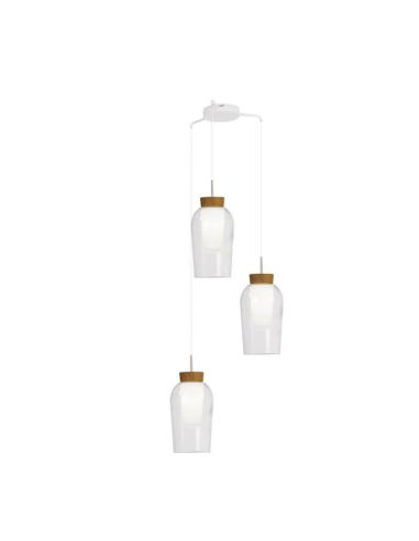 Candeeiro pendente de cristal Nora 3 luzes E27 base redonda Ø 53cm - branco/madeira