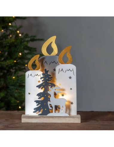 Décoration de Noël LED en bois avec bougies, pins et faune de rennes
