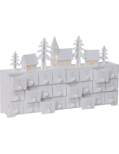 Calendrier de l'Avent LED YULETIDE en bois blanc avec 24 tiroirs à piles, 375x75x225mm