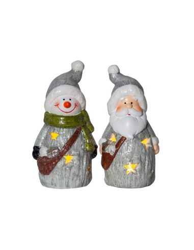 Decoração de Natal LED FRIENDS Papai Noel e Boneco de Neve em cerâmica pintada 80x55x140mm