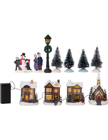 BIRMINGHAM LED Christmas City : 4 bâtiments, 4 sapins, 2 lampadaires et 2 paires de figurines - Déco Noël