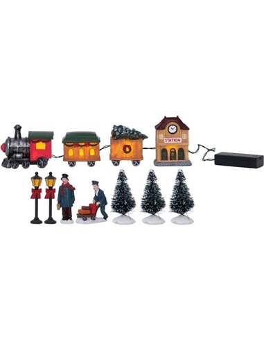 Village de Noël pour enfants : Train, Gare, 3 sapins, 2 lampadaires et 2 figurines KISDVILLE