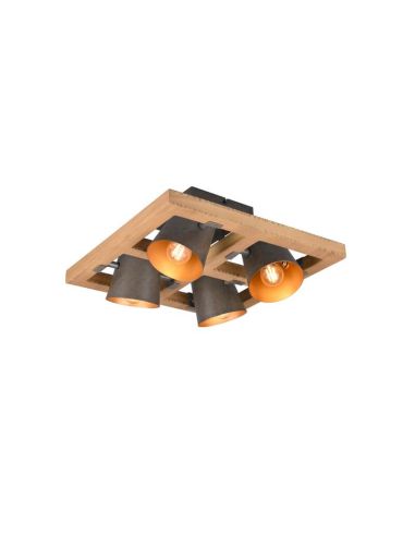 Plafón de techo LED BELL 4 luces, madera y metal, focos orientables IP20 | LeonLeds