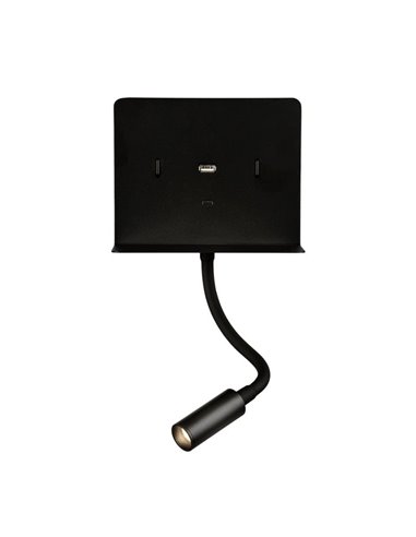 Aplique lector LED con soporte y USB/USC, CALMA Negro texturado, 6W 3000K 630lm + 3W 3000K 285lm, CRI90 CL.I, Dos interruptores,