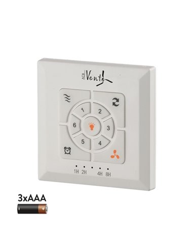 Control de pared con pilas Ventilador de techo: On/Off, Función Inversa, Regulador velocidad, Programacón y Viento natural