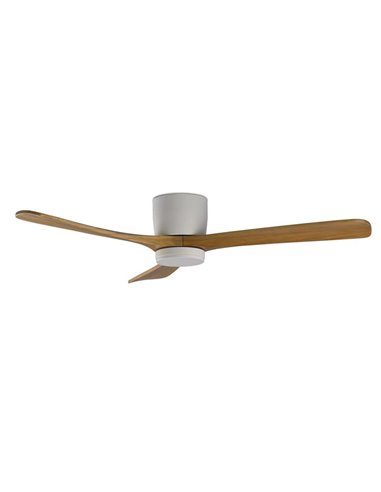 Ventilador de techo SIROCO blanco y palas madera, MOTOR DC 35W, CL.I, Mando a distancia