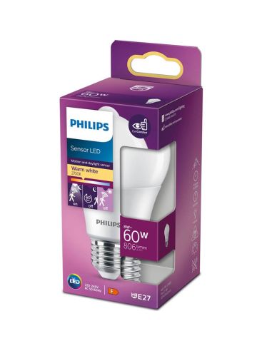 Ampoule LED E27 avec détecteur de mouvement 8W Remplacement 60W Lumière chaude 2 700K 8718699782733 | LéonLeds