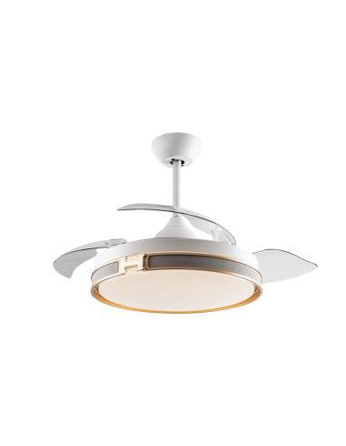 Ventilador LED Sirocco blanco y madera con mando Schuller