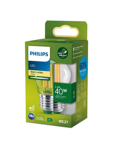 Ampoule LED Bougie à Filament Classique E27 2,3W équivalent à 40W transparente, Ultra Efficace P45