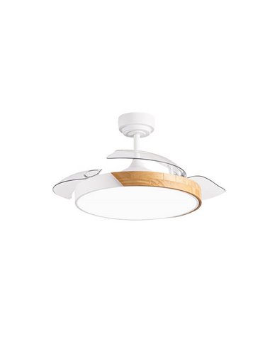 Ventilateur de Plafond LED à pales rétractables TAORO Mini Blanc et bois 46W 5520 Lm CCT