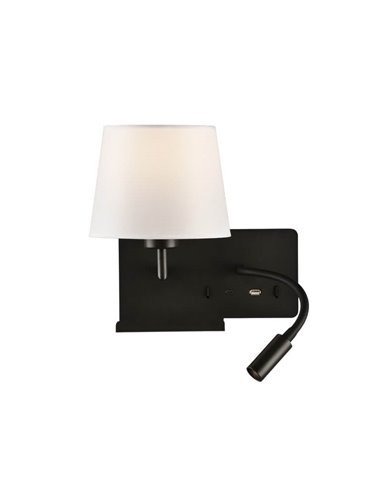 Aplique Dormitorio Izquierda HOLD con Dos interruptores y base para el móvil, LED Orientable, Con USB, CON USBC, Negro texturado