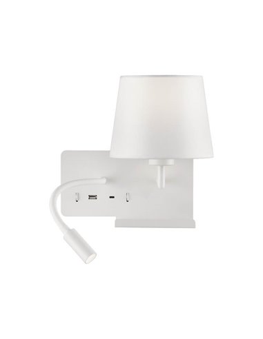 Aplique Dormitorio Derecha HOLD con Dos interruptores y base para el móvil, LED Orientable, Con USB, CON USBC, Blanco texturado,