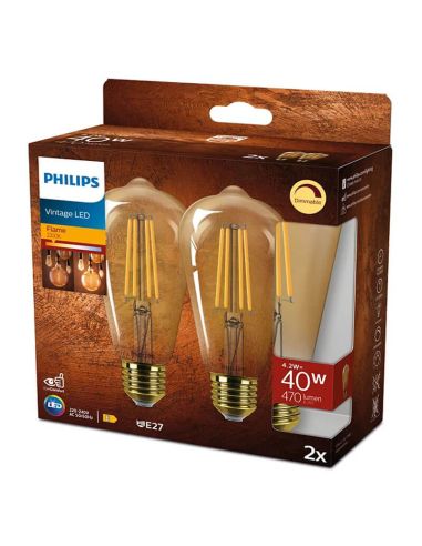 Pack 2 Ampoules LED ST64 Dimmable Edison Or 4,2W - 40W Flamme Vintage 2 200K Philips | LéonLeds