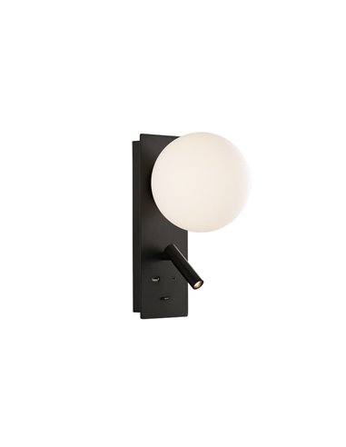 Applique d'intérieur LED avec spot lecteur orientable KIN Noir/Nickel avec abat-jour rond Opale, LED 8W 2700K 370lm + 3W 2700K 2