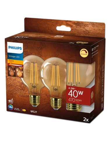 Pack 2 Bombillas LED Vintage G80 E27 Regulable 4,2W Reemplazo 40W Filamento Ambar 2.200K 470Lm LeonLeds