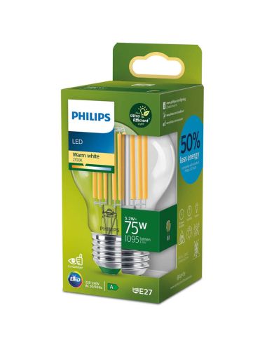 Bombilla LED A60 ultra eficiente 75W - 5,2W de Filamento E27 Etiqueta Energética Clase A Philips