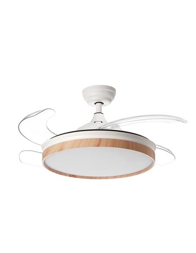 BLANES Ventilateur de Plafond LED blanc+bois Ø107mm DC 32W 4A 36W CCT+RC+dim avec pales rétractables