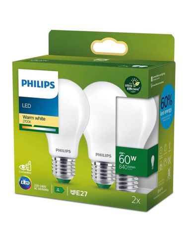 Pack 2 Bombillas LED Opaca A60 ultra eficiente 4W - 60W E27 Etiqueta Energética Clase A