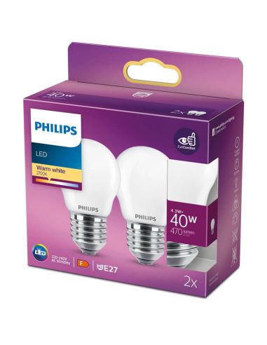 Pack Ahorro 2x Bombillas LED Philips E27 4.3W reemplazo 40W G45 -Esférica Mate- 2700K 8718699763916