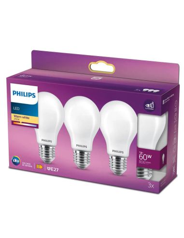 Pack ahorro 3X Bombilla LED A60 7W Reemplazo 60W Tono de Luz Cálid0 2.700K 8719514266759